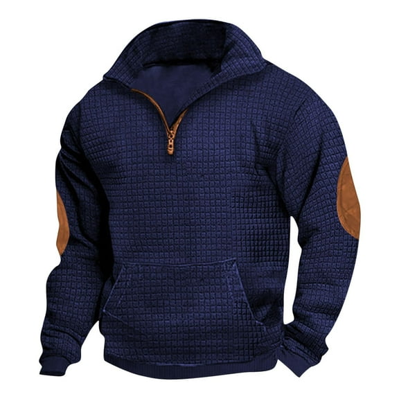 Miluxas Men Zipper Style Solid Color Stand Collar Long Sleeves Small Squares Sweater Navy