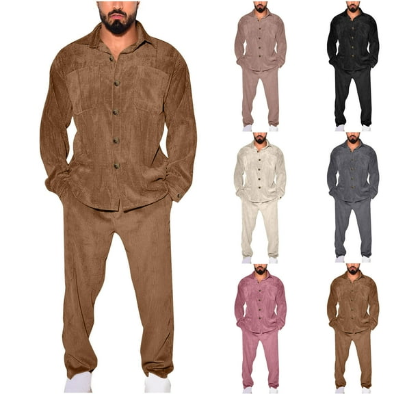 Miluxas Men's 2 Piece Corduroy Shacket and Pants Outfits Long Sleeve Causal Autumn Winter Jacket Tracksuit Overshirt Set Pink