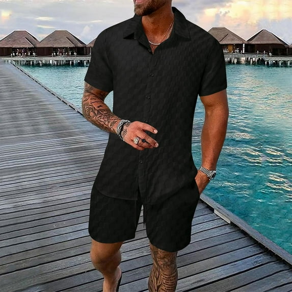 Miluxas Men's 2 Piece Outfits Short Sleeve Button Down Shirts and Casual Shorts Set Summer Outfits Black M(M)