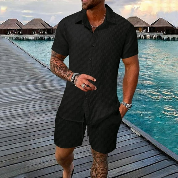 Miluxas Men's 2 Piece Outfits Short Sleeve Button Down Shirts and Casual Shorts Set Summer Outfits Black S(S)