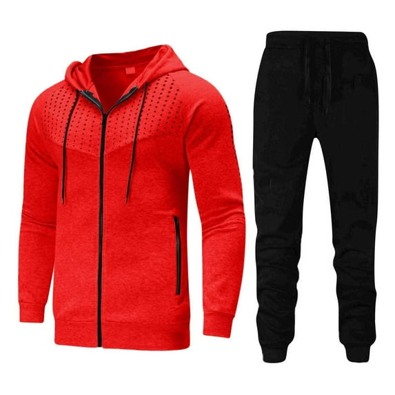Hinvhai Men's Printing Color Blocking Sports Suit Long Sleeve Hooded Coat Top Trousers Two-piece Casual Suit On Red 6(L)