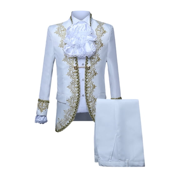 Miluxas Men's 3 Piece Court Prince Fashion Gold Embroidered Uniforms Steampunk Gothic Costume Jacket & Tie & Trousers Set White
