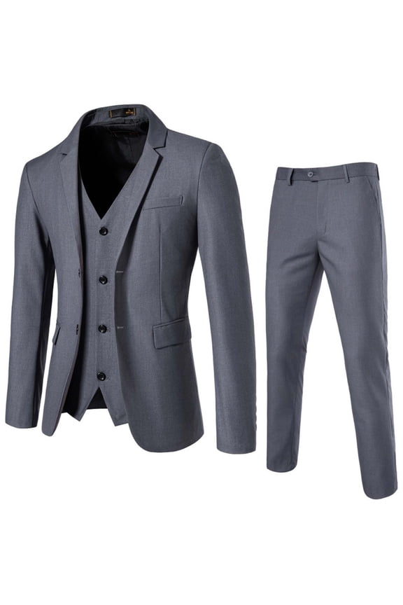 Men's 3 Piece Slim Fit Suit Set, Two Button Blazer Solid Jacket Vest Pants Wedding Business Suit Gray