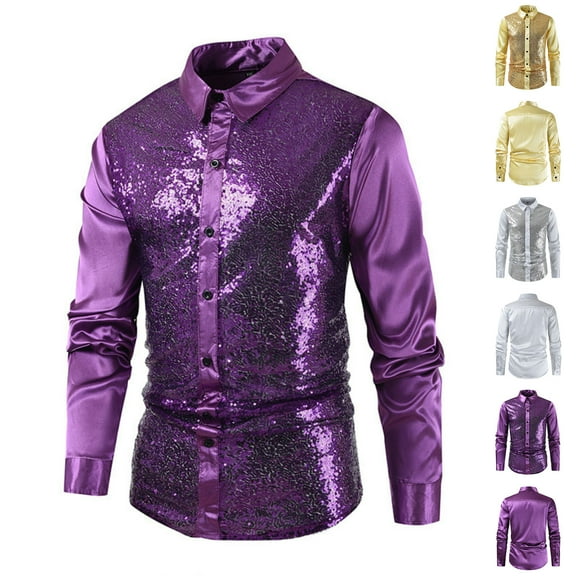 Miluxas Men's 70s Costume Disco Shirt Long Sleeve Button Down Party Nightclub Prom Sequins Tope White