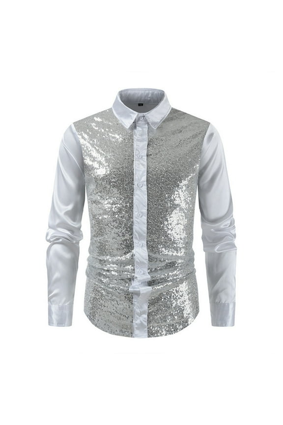 Men's 70s Costume Disco Shirt Long Sleeve Button Down Party Nightclub Prom Sequins Tope White