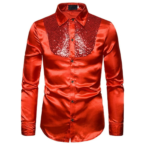 Miluxas Men's 70s Disco Shirts Luxury Metallic Sequins Button Down Long Sleeve Party Shirt Nightclub Costume Tops Red