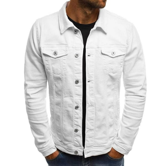 Miluxas Men's Autumn Winter Button Solid Color Vintage Denim Jacket Tops Blouse Coat White 10(XL)