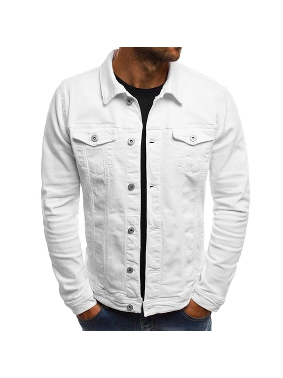 Men's Autumn Winter Button Solid Color Vintage Denim Jacket Tops Blouse Coat White 10(XL)