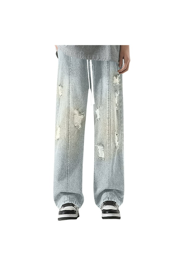 Men's Baggy Jeans Loose Fit Ripped Distressed Jean Relaxed Skateboard Denim Pants with Holes Yellow