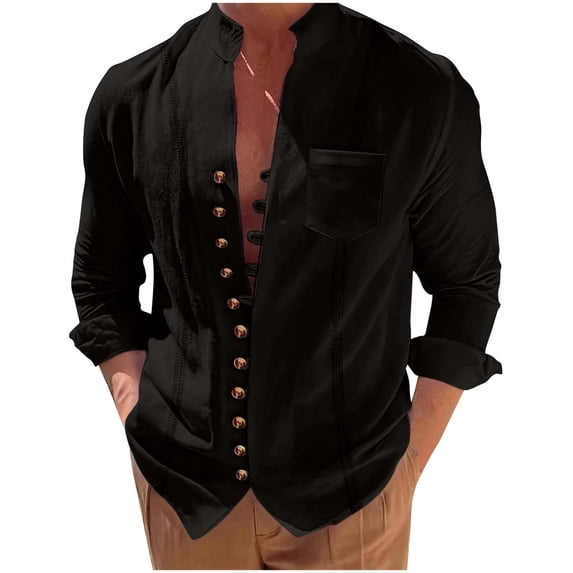 Miluxas Men's Button Down Shirt Long Sleeve V Neck T-Shirt Trendy Stand Collar Solid Color Loose Tee Fall Vacation Casual Tops Black