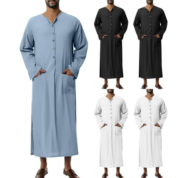 Miluxas Men's Button up Cotton Robe Long Sleeve Kaftan Thobe Long Gown Casual Shirt for Beach White