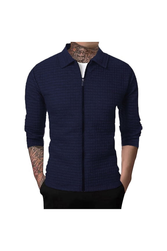Men's Cardigan Polo Jacket Waffle Long Sleeve Zipper Polo Shirts Business Casual Solid Color Golf Shirts Navy
