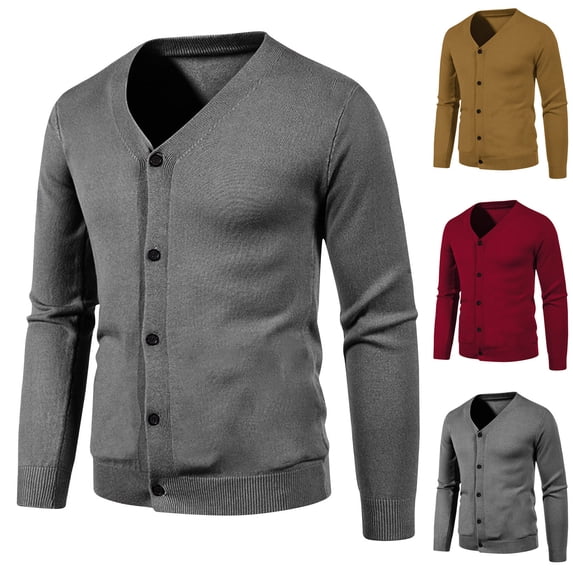Miluxas Men's Cardigan Sweater Long Sleeve Casual V Neck Button Down Knitted Sweater with Pockets Wine