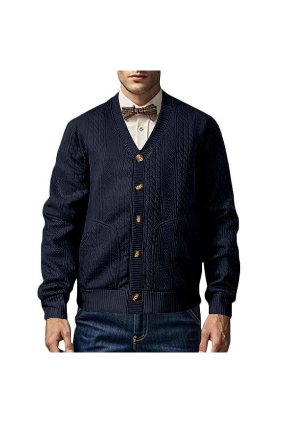 Men's Cardigan Sweater Shawl Collar Button Down Knit Blazer Jacket Knitwear Navy