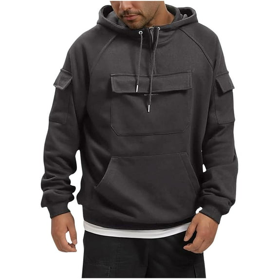 Miluxas Men's Cargo Hoodie Tacktical Sweatshirt Quarter-Zip Pullover with Multi Pockets Dark Gray 12(XXL)