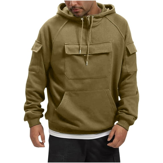 Miluxas Men's Cargo Hoodie Tacktical Sweatshirt Quarter-Zip Pullover with Multi Pockets Khaki 8(L)