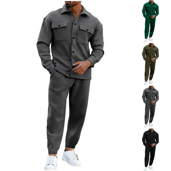 Miluxas Men's Cargo Jacket Tracksuit Set 2 Pieces Solid Color Long Sleeve Button up Jacket and Cargo Pants Set Gray XL(XL)