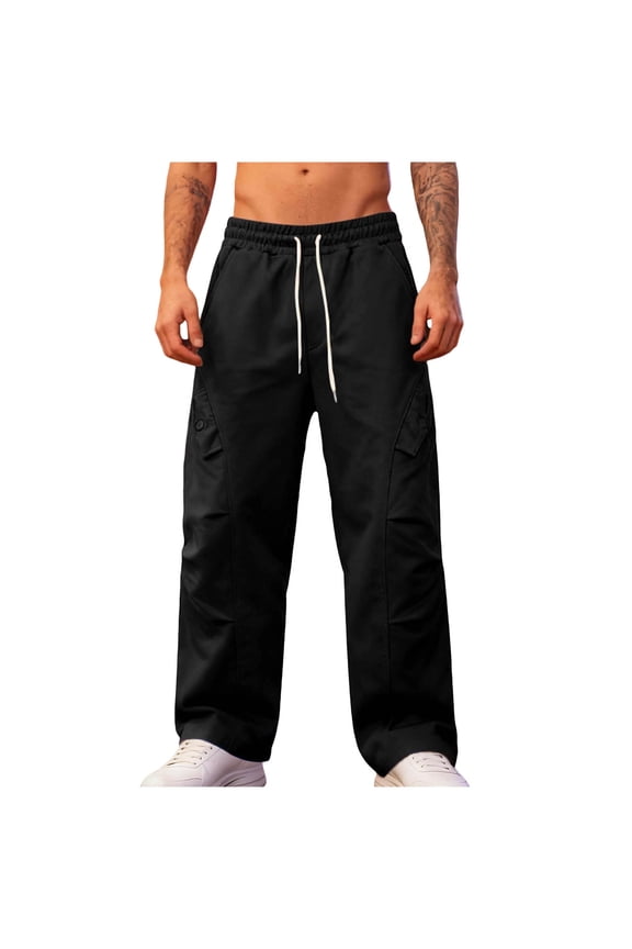 Men's Cargo Sweatpants Open Bottom Baggy Sweat Pants for Mens Straight Leg Gym Cargo Sweats Lounge Pants with Pockets Black