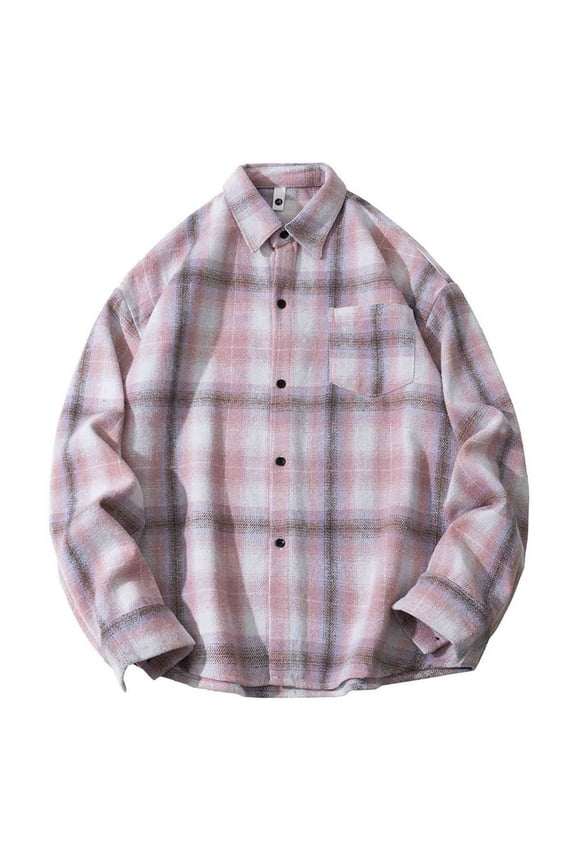 Men's Casual Cotton Plaid Shirts Long Sleeve Button-Down Flannel Overshirt Jacket Pink