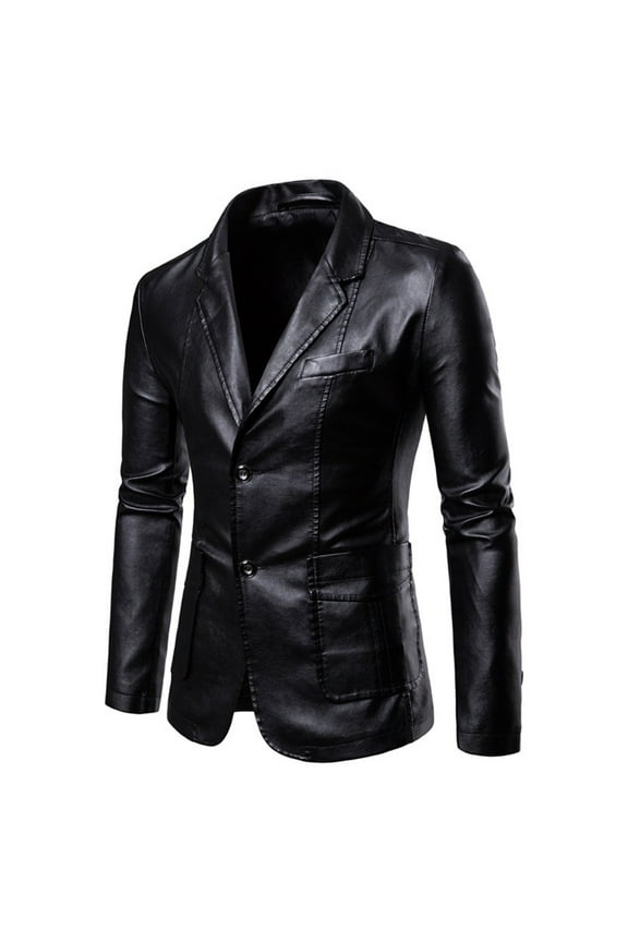 Men's Casual Leather Blazer, Lapel Slim 2 Button Leather Suit Jacket with Pockets Black