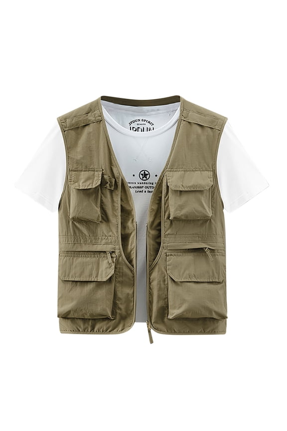 Men's Casual Lightweight Outdoor Vest Quick Dry Fishing Vest Multi Pockets Sleeveless Jackets Hiking Utility Vests Khaki
