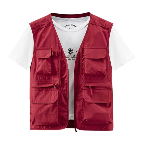 Miluxas Men's Casual Lightweight Outdoor Vest Quick Dry Fishing Vest Multi Pockets Sleeveless Jackets Hiking Utility Vests Red