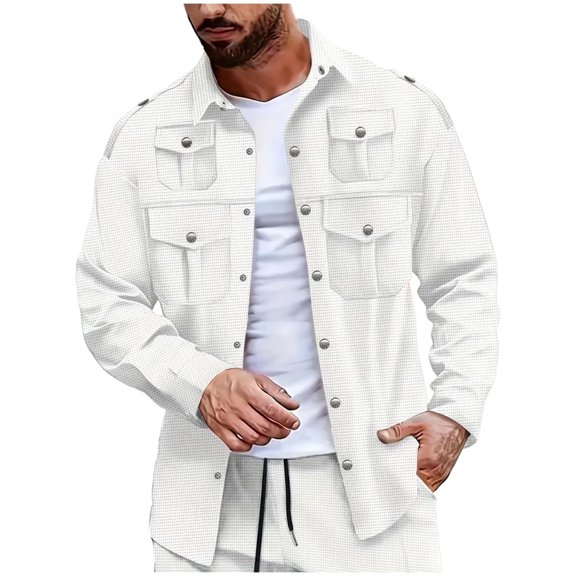 Miluxas Men's Casual Lightweight Shirt Jacket Work Shacket Jackets Button Down Overshirt with Flap Pockets White L(L)