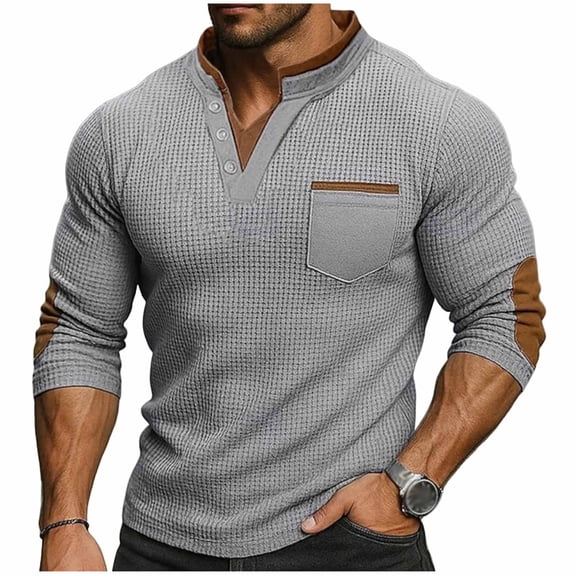 Miluxas Men's Casual Long Sleeve Polo Shirt - Flip Collar Button V Neck with Pocket, Classic Rugby Style for Golf & Daily Wear Gray