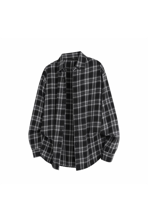 Men's Casual Long Sleeved Lapel Plaid Printed Button Fake Pocket Shirt Jacket Black