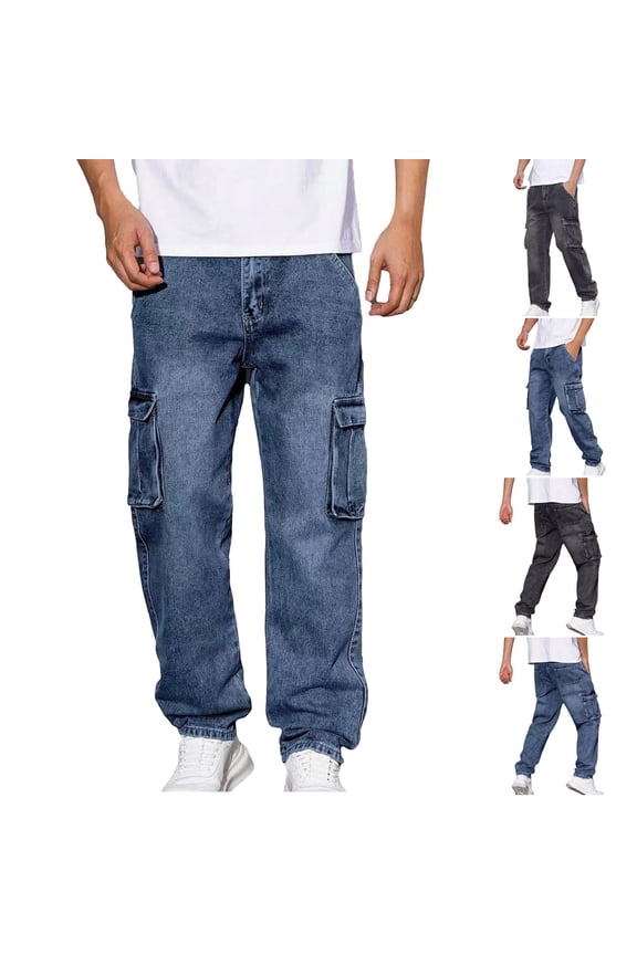 Men's Casual Loose Hip Hop Denim Work Pants Jeans with Cargo Pockets Blue