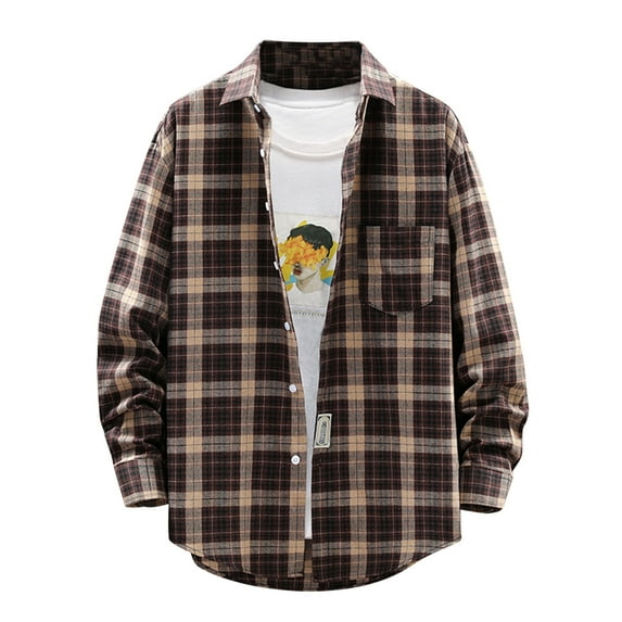 Miluxas Men's Casual Plaid Shirts Long Sleeve Button-Down Overshirt Jacket Brown 14(XXXL)