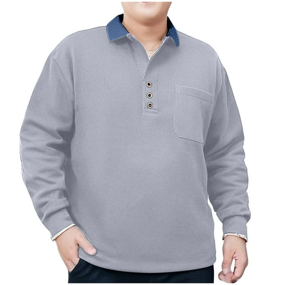 Miluxas Men's Casual Polo Shirts Classic Button Lapel T Shirt Solid Long Sleeve Tee Slim Fit Basic Coat Tops with Chest Pocket Gray