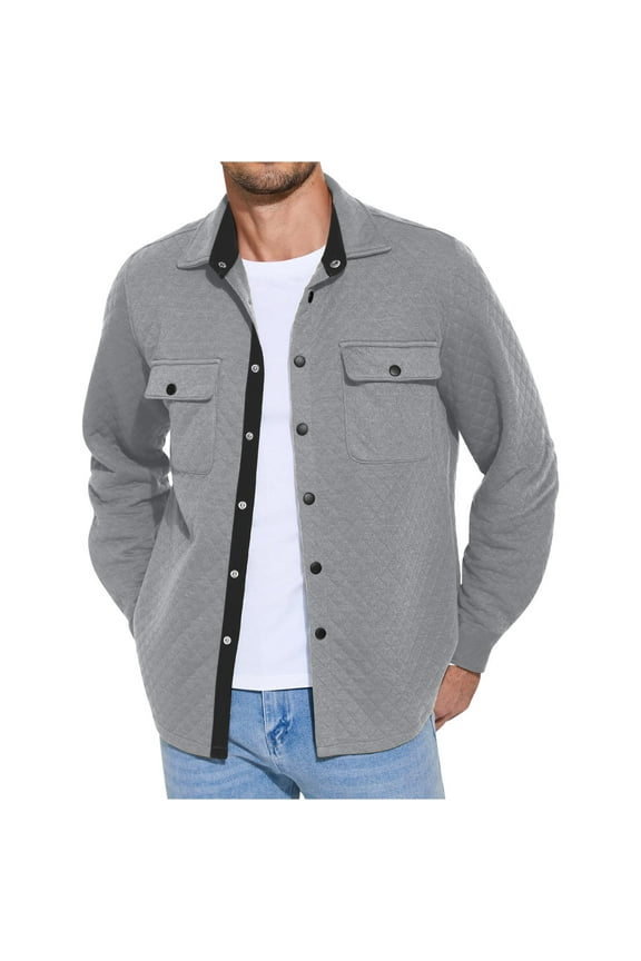 Men's Casual Shirt Jacket Lightweight Shacket Jacket Quilted Button Down Jackets Gray