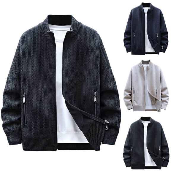 Miluxas Men's Casual Slim Full Zip Thick Knitted Cardigan Sweaters with Pockets Dark Blue