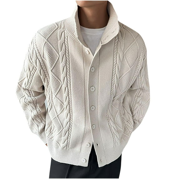 Miluxas Men's Casual Stand Collar Cardigan Button Down Cable Knitted Sweater Beige 14(XXXL)