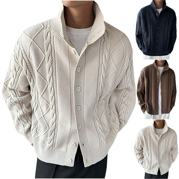 Miluxas Men's Casual Stand Collar Cardigan Button Down Cable Knitted Sweater Navy 10(XL)
