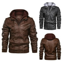 Miluxas Men’s Casual Stand Collar PU Faux Leather Zip-Up Motorcycle Bomber Jacket with a Removable Hood Gray