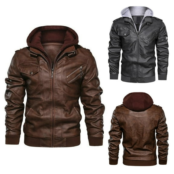 Miluxas Men’s Casual Stand Collar PU Faux Leather Zip-Up Motorcycle Bomber Jacket with a Removable Hood Gray