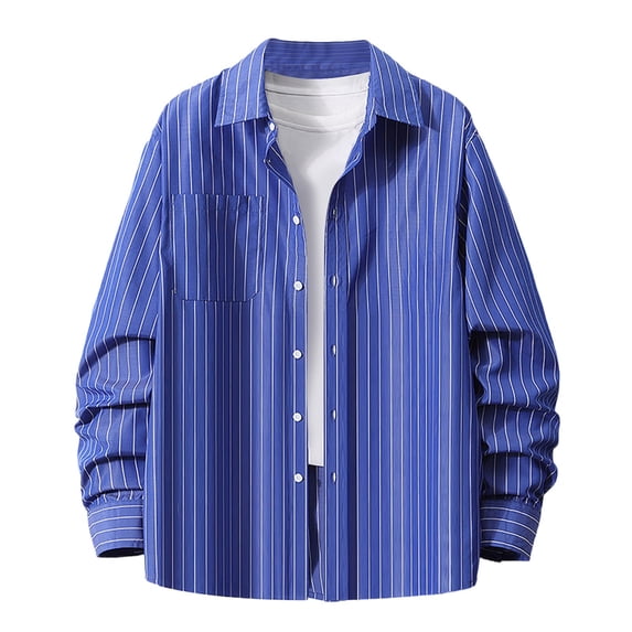 Miluxas Men's Casual Striped Shirts Button Down Long Sleeve Blouse for Men Fall Winter Dark Blue