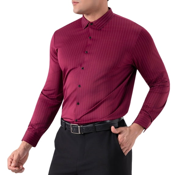 Miluxas Men's Casual Striped Shirts Button Down Long Sleeve Blouse for Men Fall Winter Wine