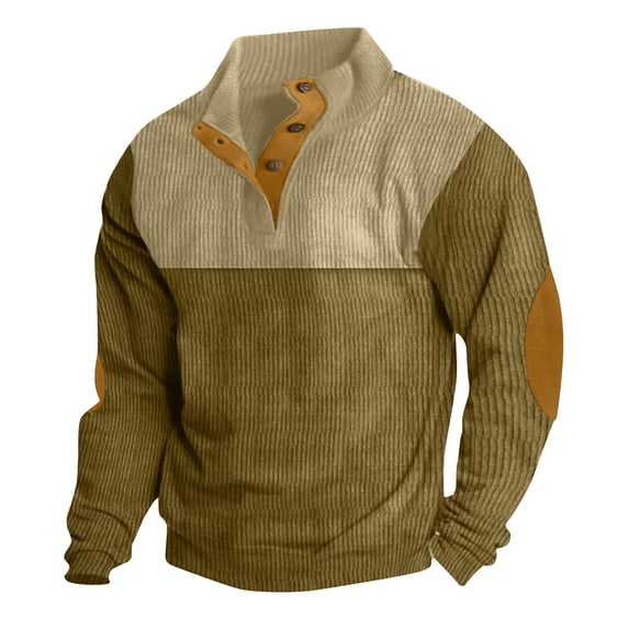 Miluxas Men's Casual Sweatshirt Jacquard Stand Collar Button Elbow Patch Long Sleeve Pullover Tops Vintage Western Shirt Tops Army Green