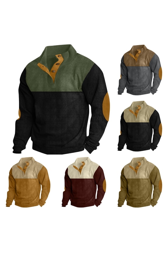 Men's Casual Sweatshirt Jacquard Stand Collar Button Elbow Patch Long Sleeve Pullover Tops Vintage Western Shirt Tops Wine