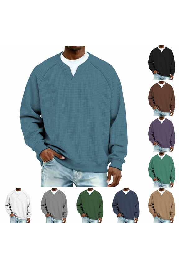 Men's Casual Waffle Sweatshirt Long Sleeve V Neck Athletic Workout Pullover White XL(XL)