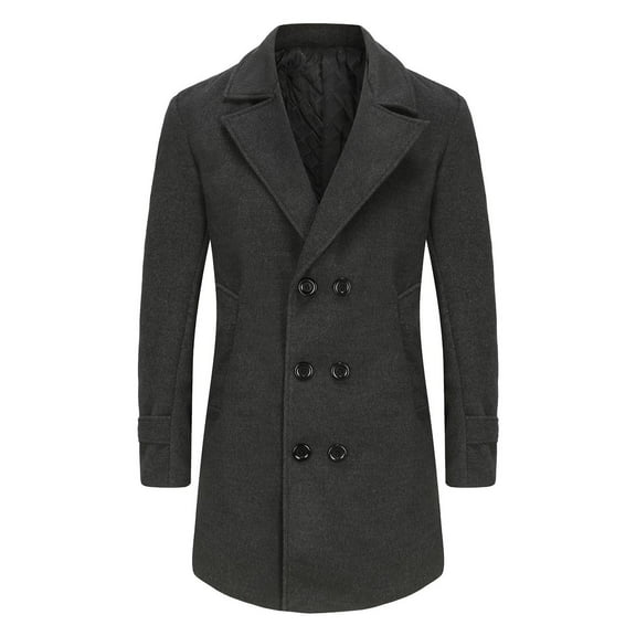 Miluxas Men's Classic Double Breasted Wool Blend Pea Coat Mid Long Trench Coat Dark Gray