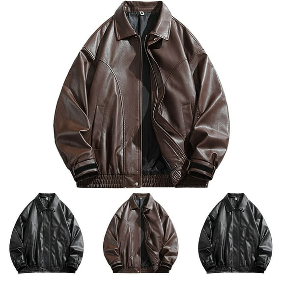 Miluxas Men's Classic PU Leather Motorcycle Jacket, Y2K Slim Fit Lapel Biker Coat Long Sleeve Zip Up Fashion Trench with Pockets Coffee