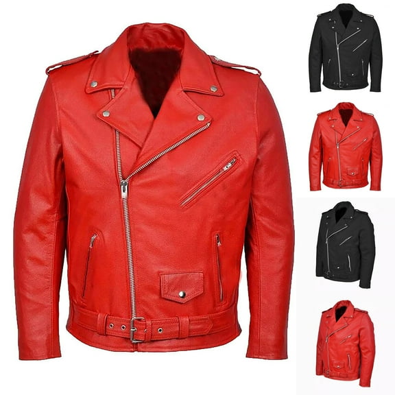 Miluxas Men's Classic Premium Leather PU Black Motorcycle Riders Leather Jacket Red