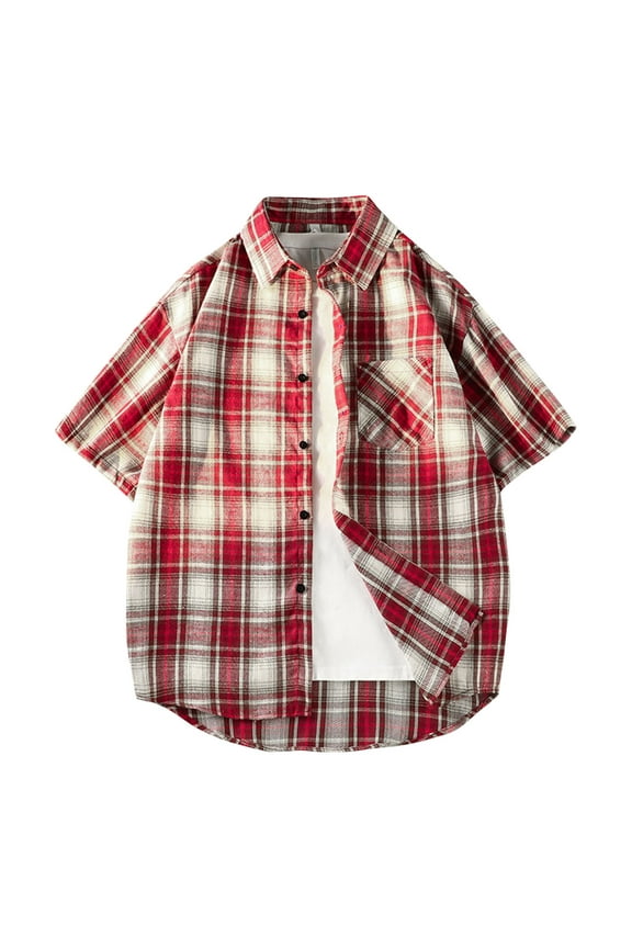 Men's Classic Striped Seersucker Cuban Collar Shirt Short Sleeve Button Down Texture Shirts for Beach Vacation Red