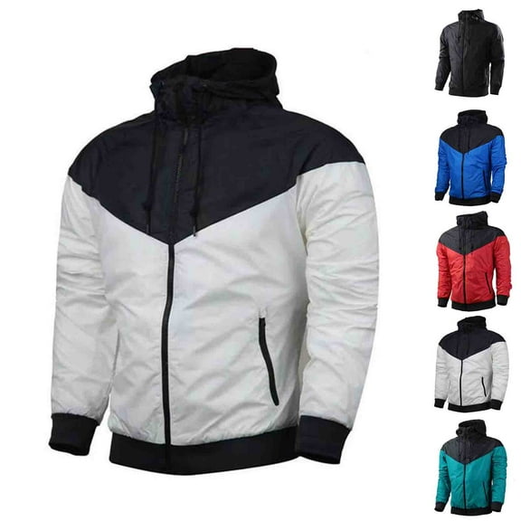 Miluxas Men's Color Block Casual Hood Windbreaker Zip Up Fall Winter Windproof Hoodies Slim Outdoor Sportwear Bomber Coat White