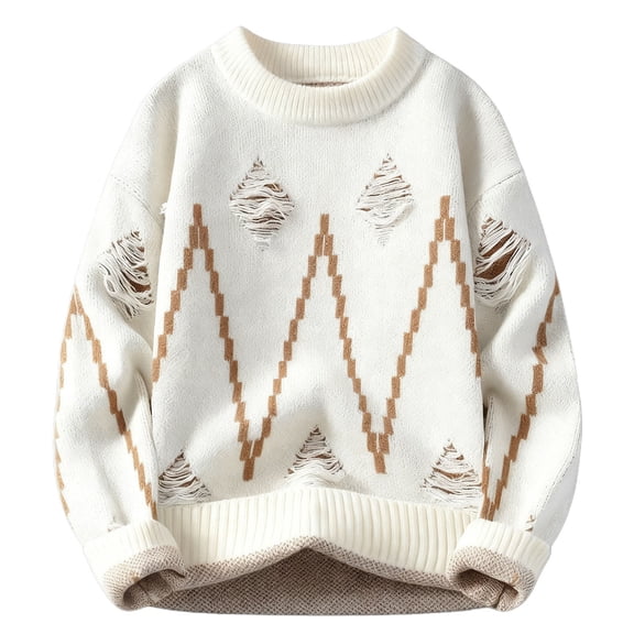 Miluxas Men's Color Block Knit Sweater Casual Round Neck Long Sleeve Pullover Tops Warm Chunky Strechy Fall Winter Sweaters White