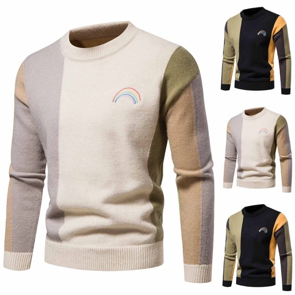 Miluxas Men's Color Block Striped Sweater Long Sleeve Crewneck Pullovers Casual Slim Fit Fall Knit Tops White